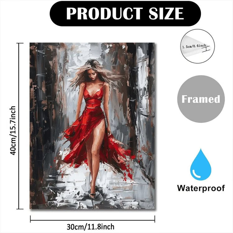 Wooden Framed Canvas Oil Painting – Elegant Woman in Red Dress, Vibrant Wall Art for Office, Living Room & Bedroom