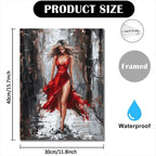 Wooden Framed Canvas Oil Painting – Elegant Woman in Red Dress, Vibrant Wall Art for Office, Living Room & Bedroom