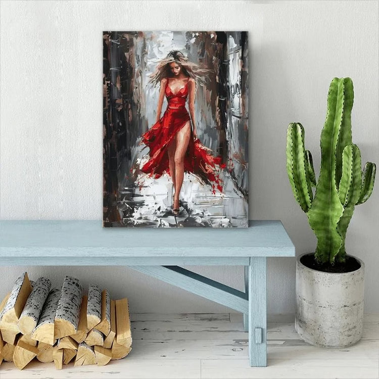 Wooden Framed Canvas Oil Painting – Elegant Woman in Red Dress, Vibrant Wall Art for Office, Living Room & Bedroom