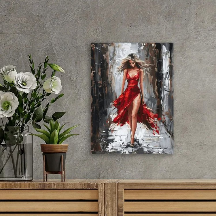 Wooden Framed Canvas Oil Painting – Elegant Woman in Red Dress, Vibrant Wall Art for Office, Living Room & Bedroom