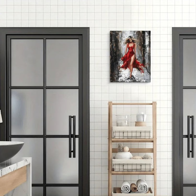 Wooden Framed Canvas Oil Painting – Elegant Woman in Red Dress, Vibrant Wall Art for Office, Living Room & Bedroom