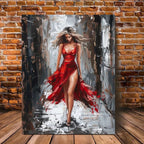Wooden Framed Canvas Oil Painting – Elegant Woman in Red Dress, Vibrant Wall Art for Office, Living Room & Bedroom