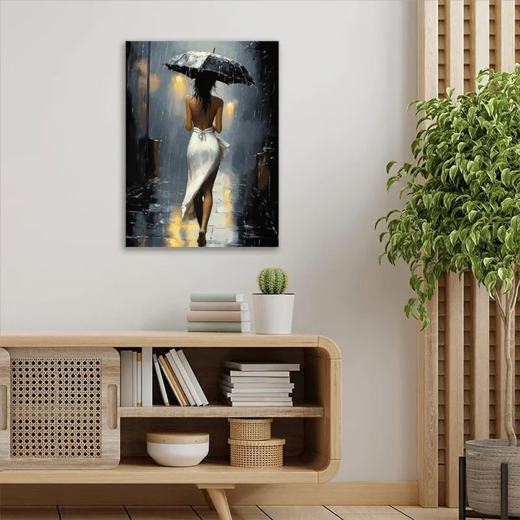 Romantic Rainy Night Canvas Art | Elegant Umbrella Street Scene with Wooden Frame