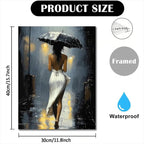 Romantic Rainy Night Canvas Art | Elegant Umbrella Street Scene with Wooden Frame