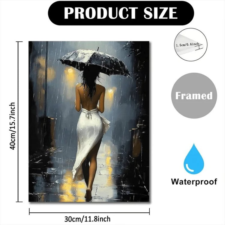 Romantic Rainy Night Canvas Art | Elegant Umbrella Street Scene with Wooden Frame