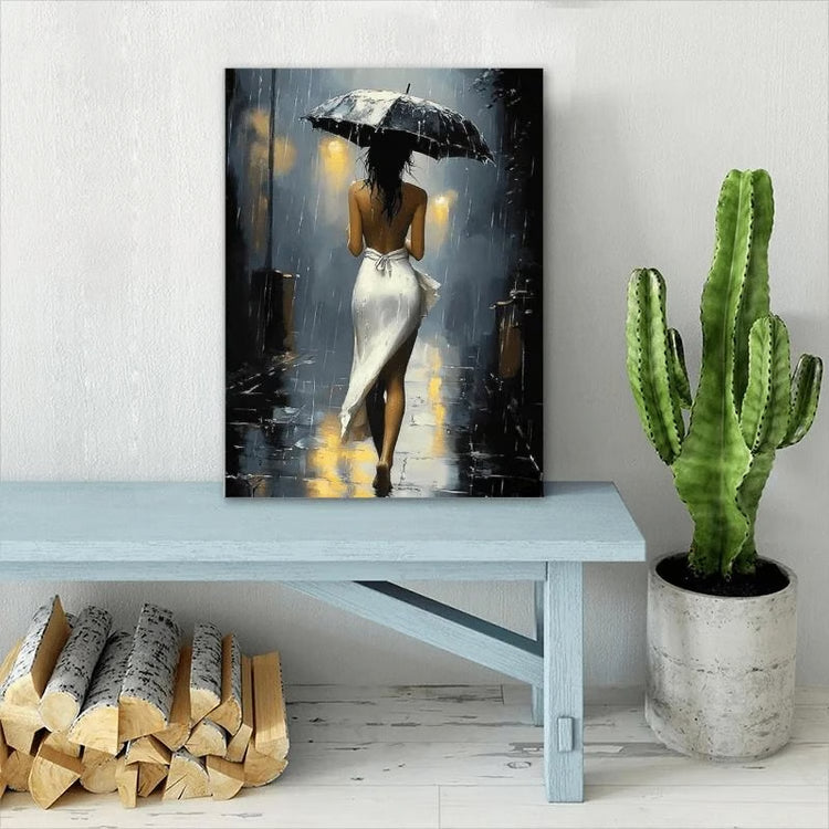 Romantic Rainy Night Canvas Art | Elegant Umbrella Street Scene with Wooden Frame