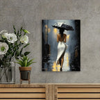 Romantic Rainy Night Canvas Art | Elegant Umbrella Street Scene with Wooden Frame