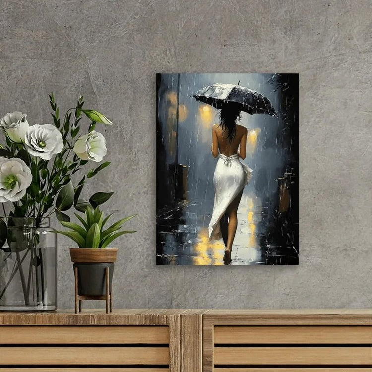 Romantic Rainy Night Canvas Art | Elegant Umbrella Street Scene with Wooden Frame