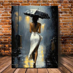 Romantic Rainy Night Canvas Art | Elegant Umbrella Street Scene with Wooden Frame