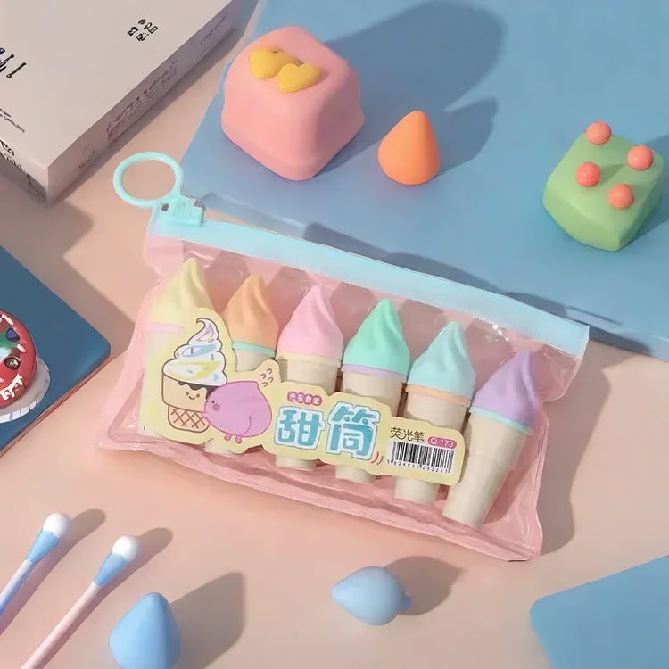 Cute Ice Cream Highlighters Set, Mini Marker Pens for Kids, Drawing & Painting Tool, Stationery Supplies for Students